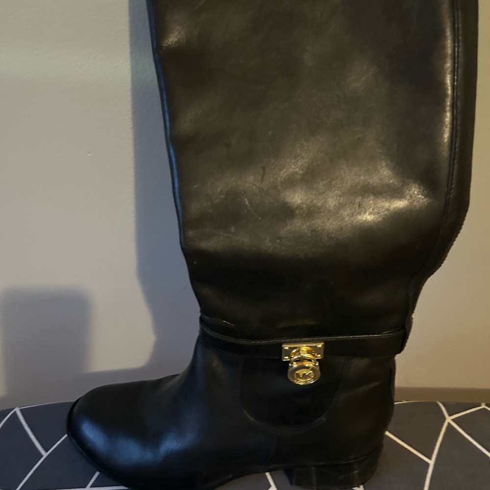 Michael Kors Black Leather Boots with Gold Accent
